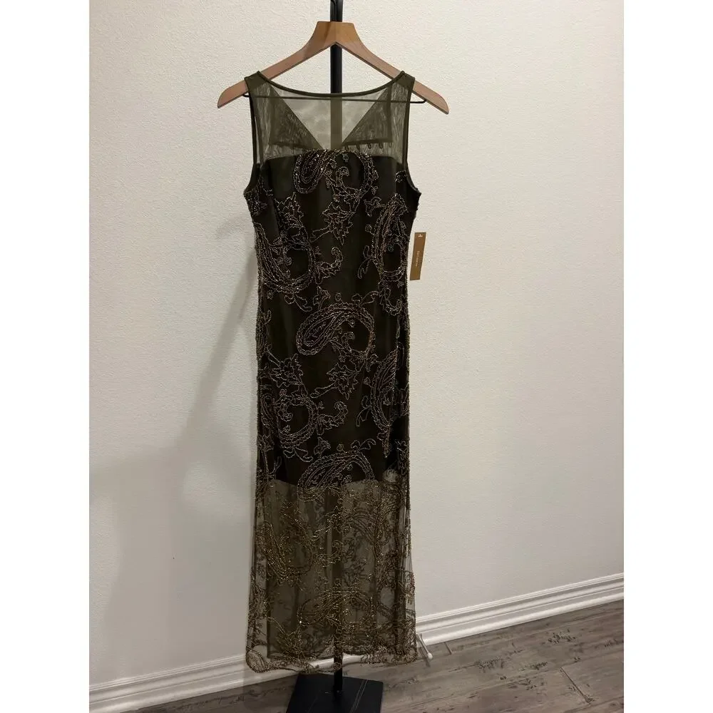Sorella Atelier Ora beaded dress olive paisley $270 sz 4